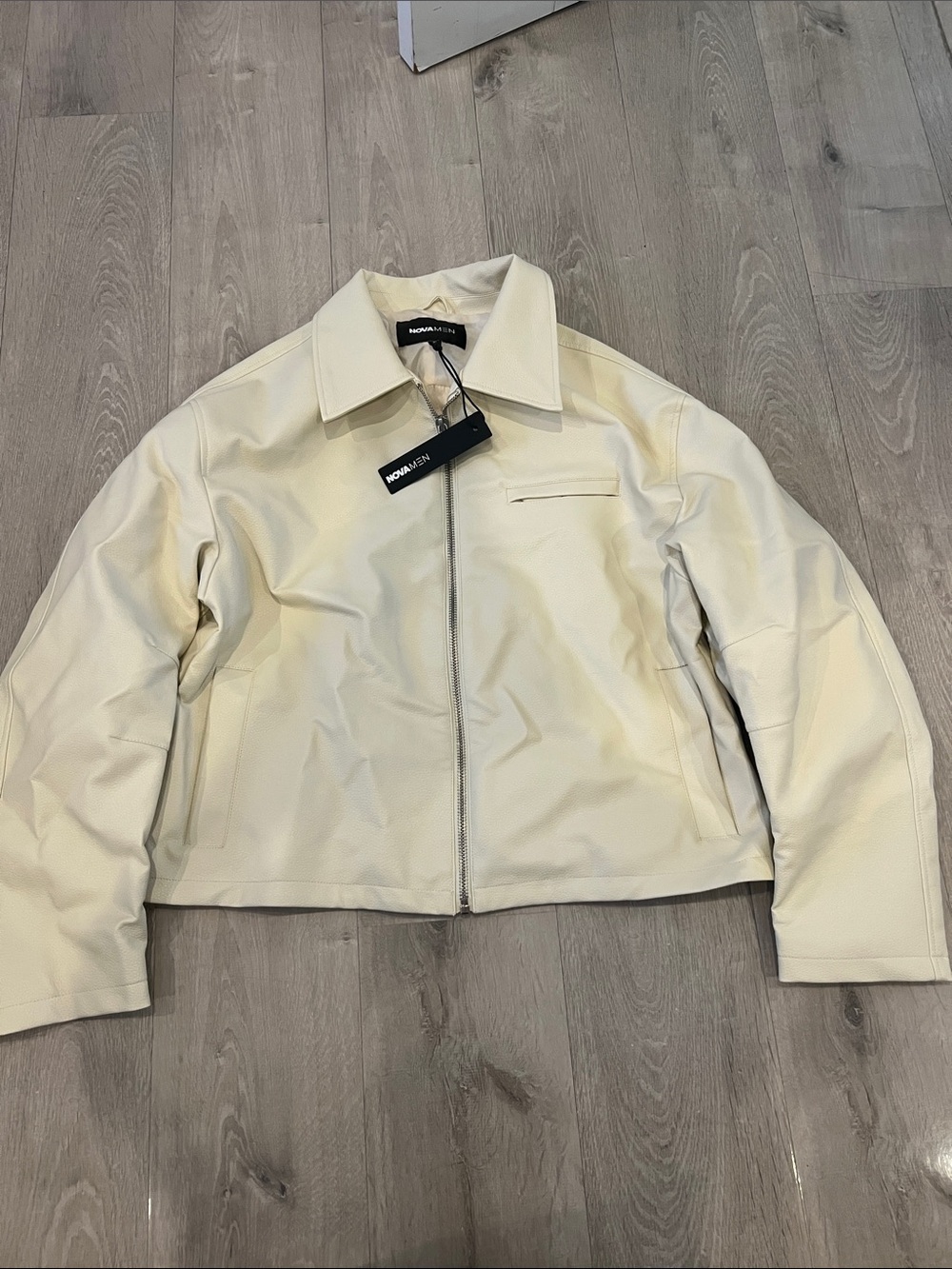 Fashion Nova Cream Zip-Front Leather Jacket